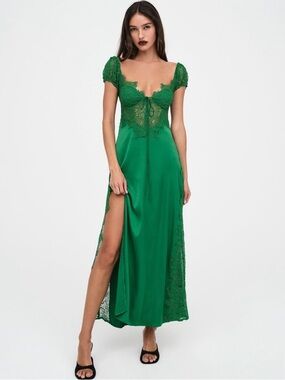 For Love And Lemons Casey Satin Maxi Dress in Green